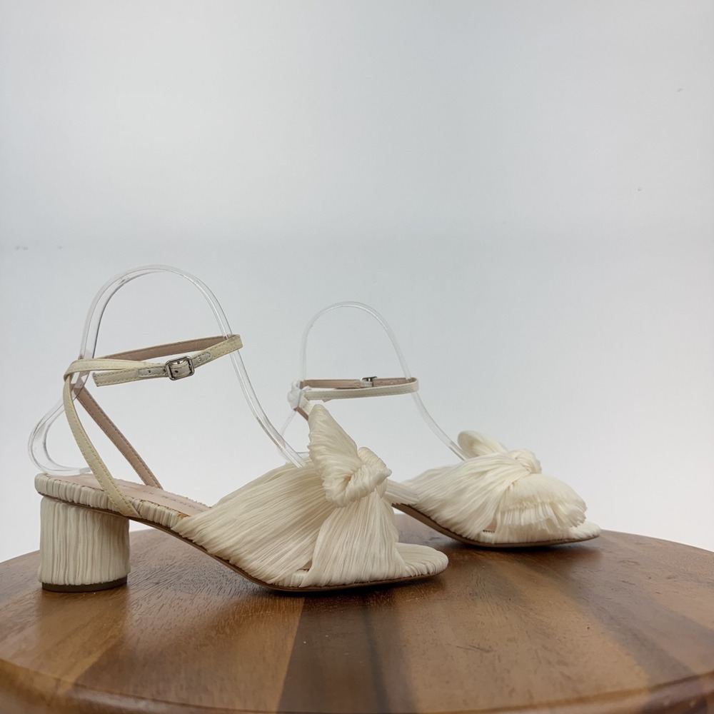 New Womens Loeffler Randall Dahlia White Pleated Bow Heels Sandals Size 5 B NWOB